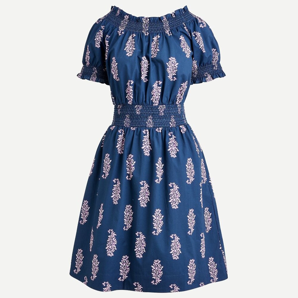 NEW J CREW Smocked puff-sleeve cotton poplin dress budding branch print S NWT